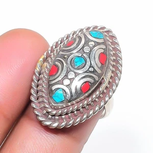 Turquoise Coral Gemstone Adjustable Ring Tibetan Silver Nepali Jewelry NR 3076 - Picture 1 of 7