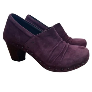 Dansko Nori Purple Suede Chunky Heel Clogs Shoes Leather Studded Ruched 38 7.5 8 - Picture 1 of 16