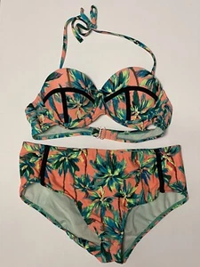 OP Swim Suit Girls Small 3/5 Orange Green Orange Floral Two Piece Stretch - Picture 1 of 7