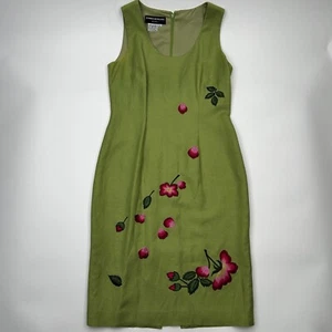 Donna Morgan Sheath Dress Womens Sz 4 Linen Green Floral Embroidered Lagenlook - Picture 1 of 8