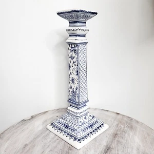 Vtg Floral Conimbriga Pottery Portugal Blue Column Candlestick Hand Painted 11" - Picture 1 of 12