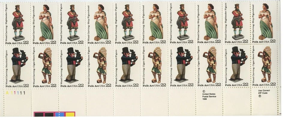 Scott# 2240-2243, WOODCARVED FIGURINES, Plate Block of 16  stamps 22¢ MNH - Image 1 of 1