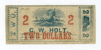 1862 $2 G.W. Holt - New Orleans, LOUISIANA Merchant Scrip w/ FEMALE RIDING DEER - Image 1 of 2
