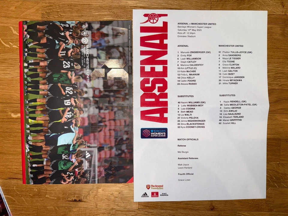 Arsenal Women v Manchester United Women WSL Programme And team sheet  10/05/25 - Image 1 of 1