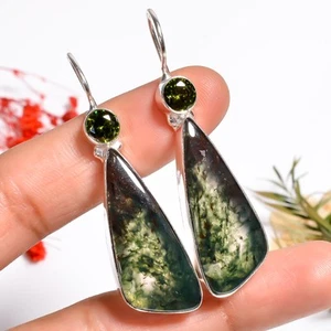 Moos Achat Peridot Edelstein Handmade Jewelry.925 Silber Ohrringe 2.1 " JK _ - Bild 1 von 6