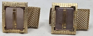 Vintage quadratisch hellrosa Stein Gold Platte umlaufend Netz Manschettenknöpfe 2,5" - Bild 1 von 5