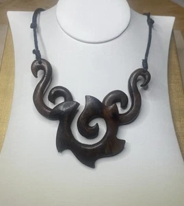 Natural Wood Carved Tribal Adjustable Cord Necklace - Picture 1 of 5