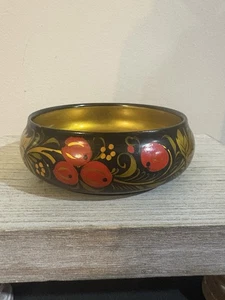 Vintage UdSSR russische kleine Schale schwarz gold floral handbemalt Schmuck Khoklama - Bild 1 von 10