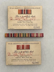WWII US Merchant Marine Ribbon Bar W/ Pacific & Atlantic War Zone Bar Cards - Imagen 1 de 2