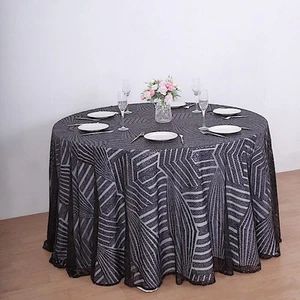 120" BLACK Tulle Round TABLECLOTH Sequins Geometric Pattern Party Decorations - Picture 1 of 8