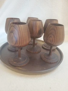 Vintage Wine Goblet & Tray Set Turned Wood  Mid Century Modern MCM - Picture 1 of 6