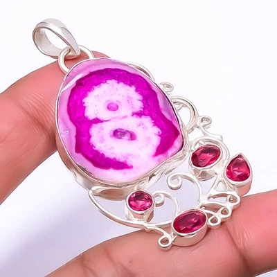 Pink Solar Quartz Eye, Rubellite Pink Tourmaline Silver Plated Pendant 2.34" W28 - Image 1 of 4
