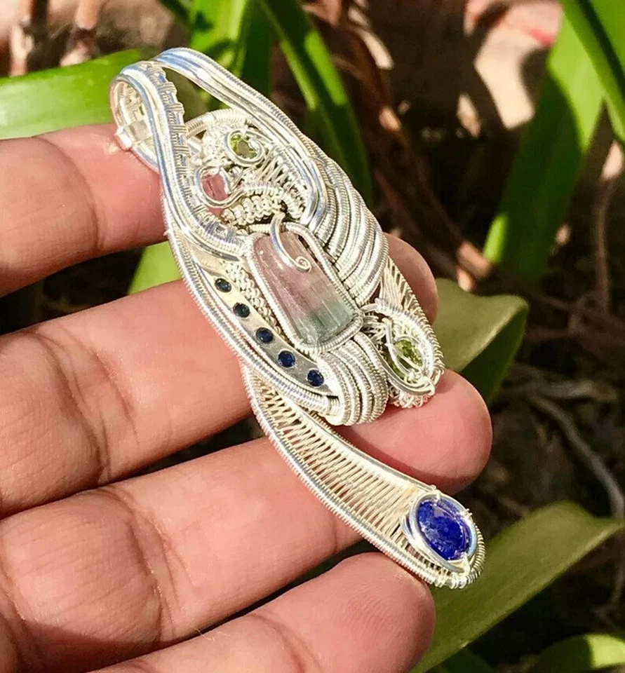 Pingente envoltório de fio prata esterlina melancia turmalina safira peridoto zircão - Imagem 1 de 3