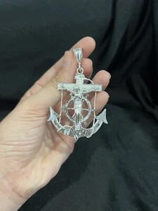 925 Sterling Silver Mens Womens BIG Jesus God Crucifix Anchor Pendant - Picture 1 of 6