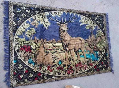 Vintage Large Tapestry Fringed Elk Deer Wall Hanging Cabin Woods 60x48”  - Image 1 of 4