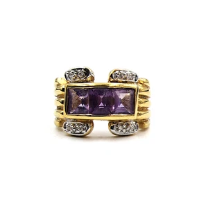 Vtg Art Deco 3 Squares Amethyst Ring Gold over 925 Sterling Silver Size 8.25 MRF - Picture 1 of 10
