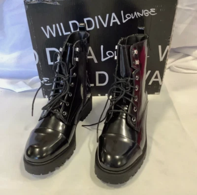 Size 8 Womens Wild Diva Lounge Gigi07A Patent Leather Black Military Ankle Boots - Image 1 of 4