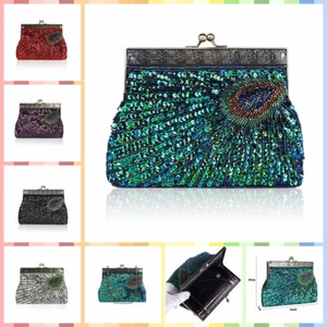 Women Sequin Beaded Evening Bag Vintage Peacock Clutch Bag Wedding Party Handbag - Picture 1 of 51
