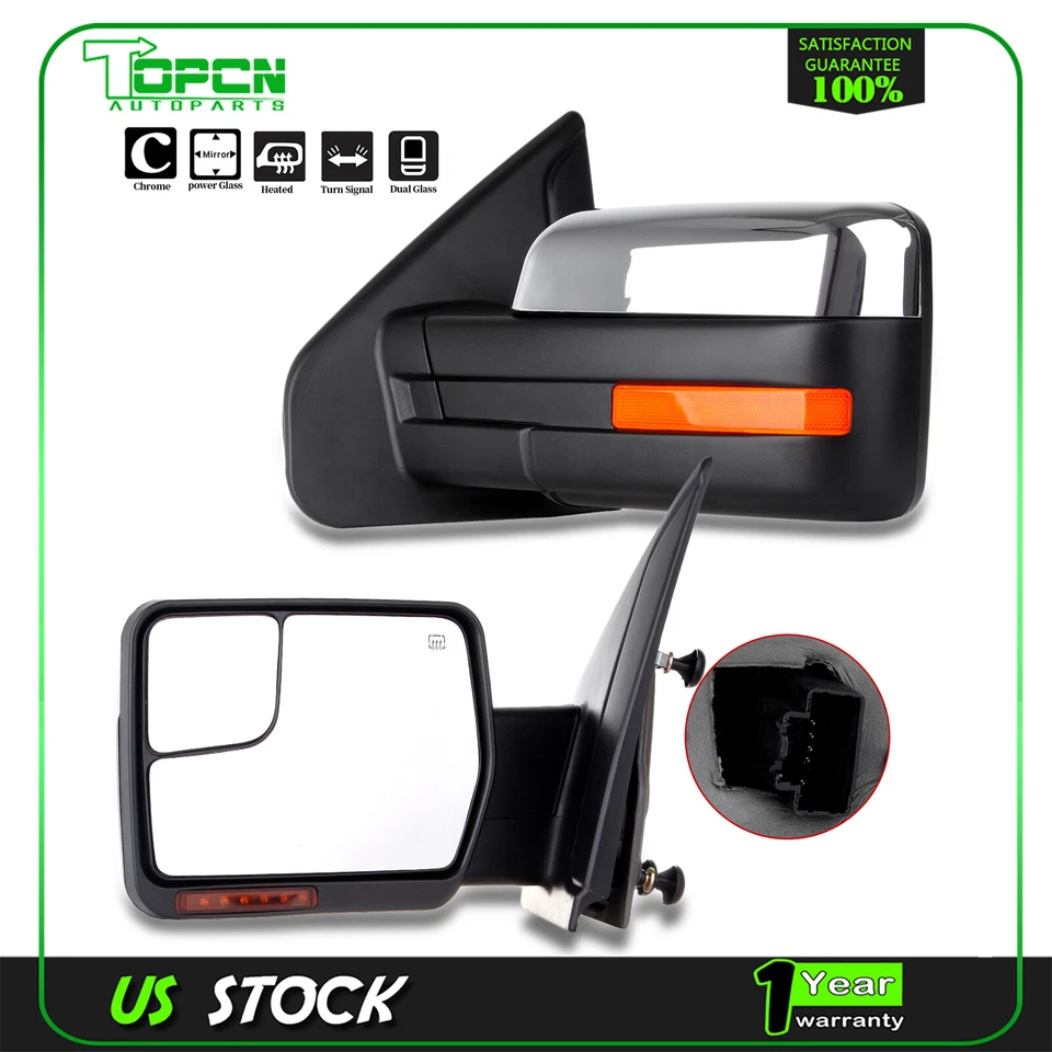 Espejo retrovisor de remolque con señal LED de charco térmico eléctrico cromado lado del conductor para Ford F150 04-14 Foto 1 de 4