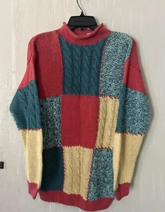 Vintage 80s Sweater Chunky Knit Red Turquoise Yellow Color Block Large New w Tag - Picture 1 of 14