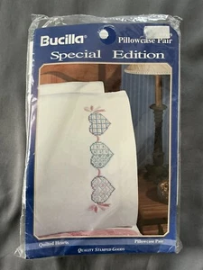 New VTG Bucilla Special Edition Quilted Hearts Stamped Pillowcase Pair #64089 - Picture 1 of 2