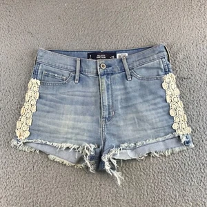 Hollister Short Shorts Women's Size 3 Blue Denim High Rise Light Wash Logo Lace - Picture 1 of 20