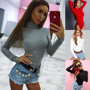 Damen Langarm Body Trikot Oberteil schlicht hoch Polo Rolle Schildkrötenausschnitt - Bild 1 von 10