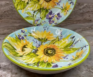 Large Sunflower Pasta Bowls Sun Garden Certified International Blue Set Of 2 New - Picture 1 of 12