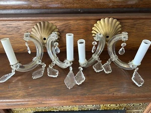 Vintage Pair Glass Wall Sconces Two Arm Curved W/crystals Electric - Picture 1 of 16