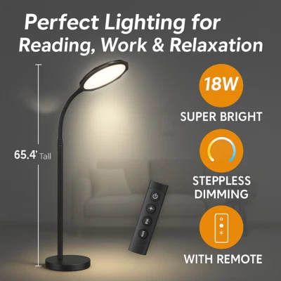 Bright LED Floor Lamp 18W with Remote, Dimmable Standing Light for Bedroom Room - Image 1 of 4