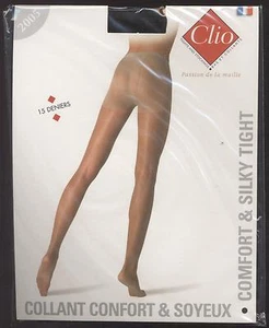 New Clio Comfortable & Silky Tights 15 DEN Size 2 Black Reinforced Toe France - Picture 1 of 3