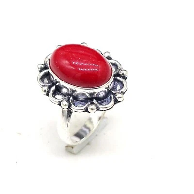 Anillo de plata de ley 925 con piedras preciosas de coral rojo hecho a mano joyería Foto 1 de 4