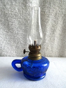 7" Tall Cobalt Blue Glass Raised Fruit Design Finger Handled Oil/Kerosene Lamp - Picture 1 of 7