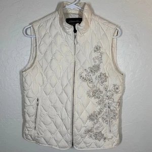 Eddie Bauer Cream Embroidered Premium Goose Down Vest Petite M  - Picture 1 of 5