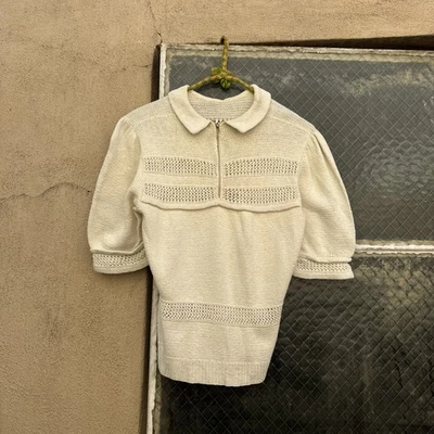 Vintage 1930s White Cotton Knit Sweater Blouse Half Zip Sportswear Dress Top 40s - Image 1 of 4