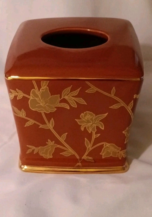 Cubierta de pañuelo marrón dorado y óxido de cerámica muy rara con resorte patrón Regina Foto 1 de 4