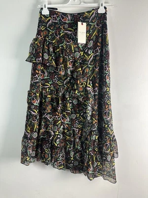 TED BAKER SKIRT MIDI Ruffle Black Floral Green Pink RIANAH 10 12 £199 BNWT - Image 1 of 4