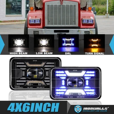 Pair 4X6" LED Headlights Hi/Lo DRL Turn Signal for Western Star 4900 1981-2002 - Image 1 of 4