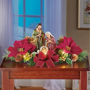 Lighted Nativity Scene Red Poinsettia Floral Arrangement Christmas Centerpiece - Picture 1 of 1