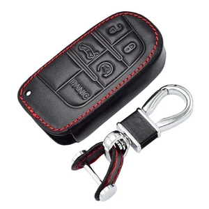 Black Leather For Jeep Dodge Chrysler 5 Buttons Smart Remote Key Case Cover Fob - Picture 1 of 4