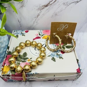 Plunder Design 2 Piece Set Gold Beaded Bracelet & Gold Crystal Hoops Earrings - Picture 1 of 7
