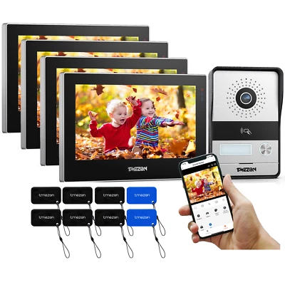 TMEZON WLAN Videocitofono 2 Fili Citofono Telecamera 4x Monitor Touchscreen RFID
