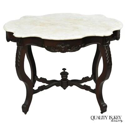 Antigua mesa de centro victoriana de mármol con tapa de tortuga de madera de caoba Foto 1 de 4