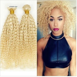 3 Bundle #613 Blonde Hair Brazilian 100% Human Hair Extension Kinky Curly 50g/pc - Picture 1 of 5