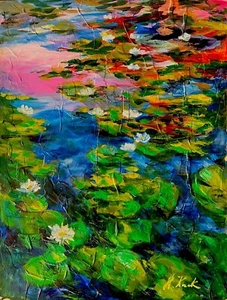 Original - Signed - Oil Painting - "Summertime Water Lilies on Pond" - Picture 1 of 3