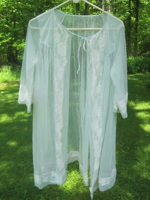 VTG 1950-60S BLUE CHIFFON Lace Sheer PINUP KNEE LENGTH NYLON ROBE SZ L?-DEFECTS - Image 1 of 2