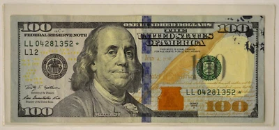 2009-A $100 Federal Reserve Star Note Extra Ink Smear Error LL04281352* - Image 1 of 4