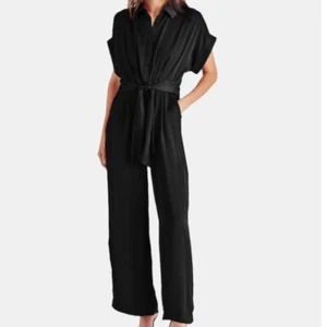 Steve Madden Tori Black Short Sleeve Wide Leg Satin Jumpsuit - Size L - NWOT - Picture 1 of 10
