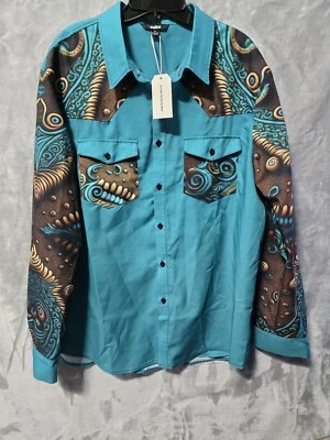 NUEVO CON ETIQUETAS Camisa Ouku Azteca Tribal Estampado Suroeste Verde Azulado Para Hombres XL Vaquero Rodeo Foto 1 de 4