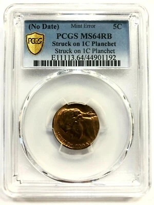MINT ERROR Jefferson Nickel Struck On Cent Planchet PCGS MS 64 Off Metal No Date - Image 1 of 4